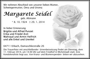 Traueranzeige von Margarete Seidel von Odenwälder Echo