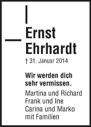 Traueranzeige von Ernst Ehrhardt von Echo-Zeitungen (Gesamtausgabe)
