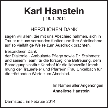Traueranzeige von Karl Hanstein von Echo-Zeitungen (Gesamtausgabe)