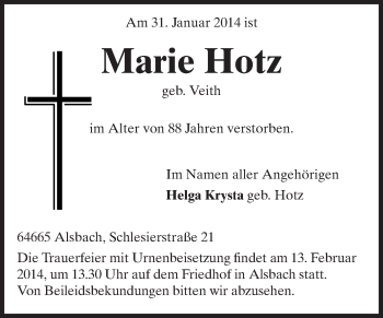 Traueranzeige von Marie Hotz von Echo-Zeitungen (Gesamtausgabe)
