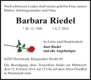 Traueranzeige von Barbara Riedel von Echo-Zeitungen (Gesamtausgabe)