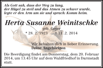 Traueranzeige von Herta Susanne Weinitschke von Echo-Zeitungen (Gesamtausgabe)
