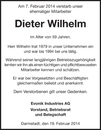 Traueranzeige von Dieter Wilhelm von Echo-Zeitungen (Gesamtausgabe)