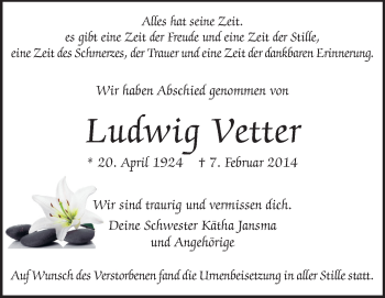 Traueranzeige von Ludwig Vetter von Echo-Zeitungen (Gesamtausgabe)