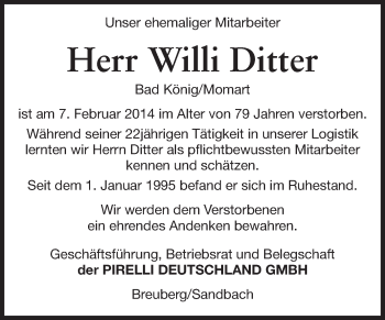 Traueranzeige von Willi Ditter von Odenwälder Echo