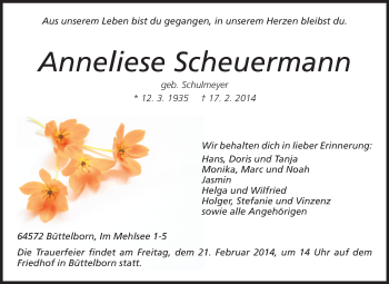 Traueranzeige von Anneliese Scheuermann von Rüsselsheimer Echo, Groß-Gerauer-Echo, Ried Echo