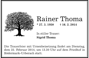 Traueranzeige von Rainer Thoma von Odenwälder Echo