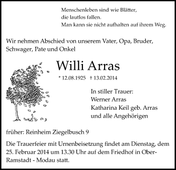 Traueranzeige von Willi Arras von Darmstädter Echo, Odenwälder Echo, Rüsselsheimer Echo, Groß-Gerauer-Echo, Ried Echo
