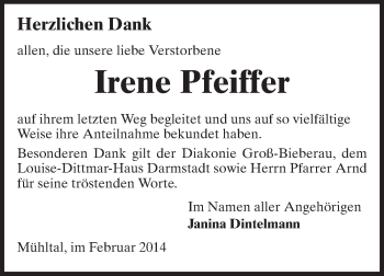 Traueranzeige von Irene Pfeiffer von Echo-Zeitungen (Gesamtausgabe)