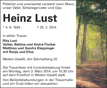 Traueranzeige von Heinz Lust von Odenwälder Echo