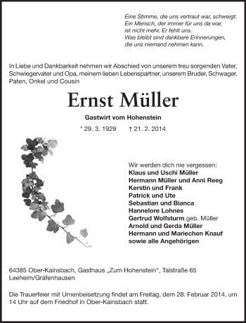 Traueranzeige von Ernst Müller von Echo-Zeitungen (Gesamtausgabe)