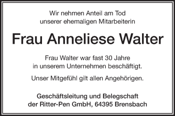 Traueranzeige von Anneliese Walter von Echo-Zeitungen (Gesamtausgabe)