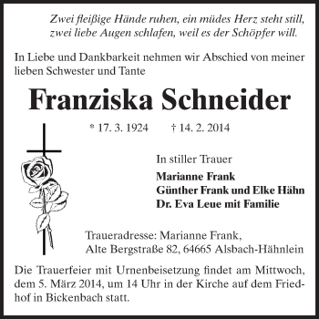 Traueranzeige von Franziska Schneider von Echo-Zeitungen (Gesamtausgabe)