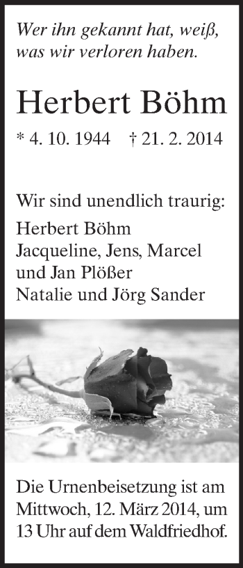 Traueranzeige von Herbert Böhm von Echo-Zeitungen (Gesamtausgabe)