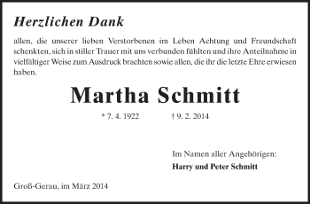 Traueranzeige von Martha Schmitt von Rüsselsheimer Echo, Groß-Gerauer-Echo, Ried Echo