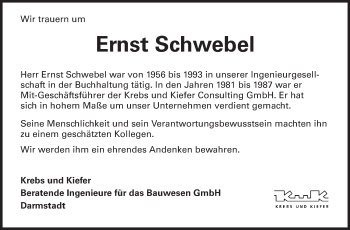Traueranzeige von Ernst Schwebel von Echo-Zeitungen (Gesamtausgabe)