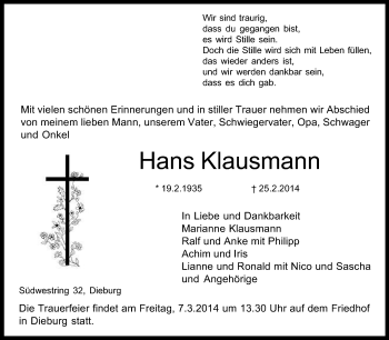 Traueranzeige von Hans Klausmann von Echo-Zeitungen (Gesamtausgabe)
