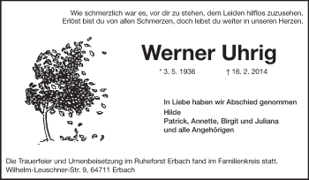 Traueranzeige von Werner Uhrig von Echo-Zeitungen (Gesamtausgabe)