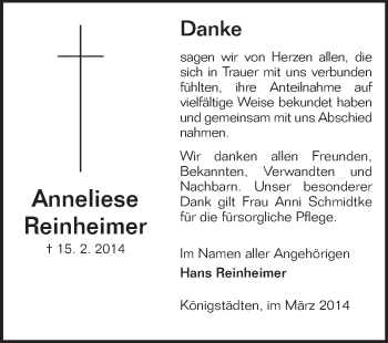 Traueranzeige von Anneliese Reinheimer von Rüsselsheimer Echo, Groß-Gerauer-Echo, Ried Echo