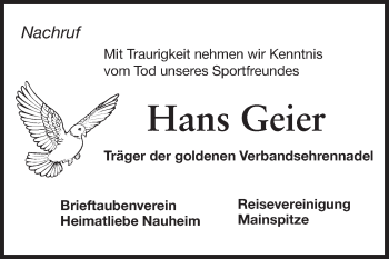 Traueranzeige von Hans Geier von Rüsselsheimer Echo, Groß-Gerauer-Echo, Ried Echo