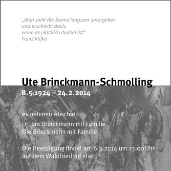 Traueranzeige von Ute Brinckmann-Schmolling von Echo-Zeitungen (Gesamtausgabe)