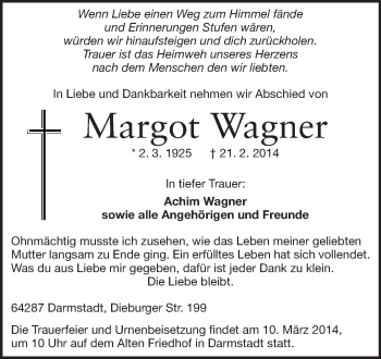 Traueranzeige von Margot Wagner von Echo-Zeitungen (Gesamtausgabe)