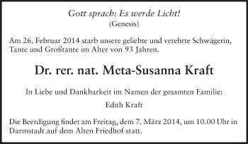 Traueranzeige von Meta-Susanna Kraft von Echo-Zeitungen (Gesamtausgabe)