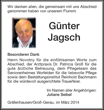 Traueranzeige von Günter Jagsch von Echo-Zeitungen (Gesamtausgabe)