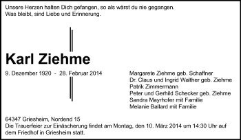 Traueranzeige von Karl Ziehme von Echo-Zeitungen (Gesamtausgabe)