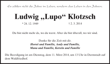 Traueranzeige von Ludwig Klotzsch von Darmstädter Echo, Odenwälder Echo, Rüsselsheimer Echo, Groß-Gerauer-Echo, Ried Echo
