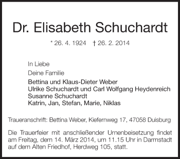 Traueranzeige von Elisabeth Schuchardt von Echo-Zeitungen (Gesamtausgabe)