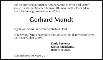 Traueranzeige von Gerhard Mundt von Rüsselsheimer Echo, Groß-Gerauer-Echo, Ried Echo