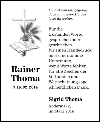 Traueranzeige von Rainer Thoma von Odenwälder Echo