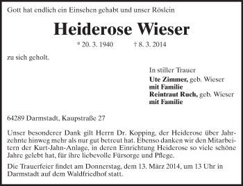 Traueranzeige von Heiderose Wieser von Echo-Zeitungen (Gesamtausgabe)