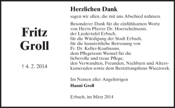 Traueranzeige von Fritz Groll von Odenwälder Echo