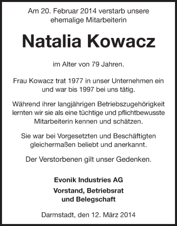 Traueranzeige von Natalia Kowacz von Echo-Zeitungen (Gesamtausgabe)