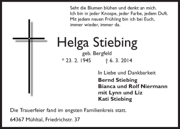 Traueranzeige von Helga Stiebing von Echo-Zeitungen (Gesamtausgabe)