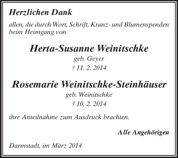 Traueranzeige von Rosemarie Weinitschke-Steinhäuser von Darmstädter Echo, Odenwälder Echo, Rüsselsheimer Echo, Groß-Gerauer-Echo, Ried Echo