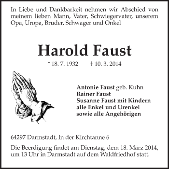 Traueranzeige von Harold Faust von Echo-Zeitungen (Gesamtausgabe)