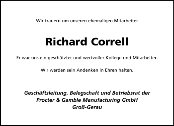 Traueranzeige von Richard Correll von Rüsselsheimer Echo, Groß-Gerauer-Echo, Ried Echo