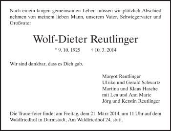 Traueranzeige von Wolf-Dieter Reutlinger von Echo-Zeitungen (Gesamtausgabe)