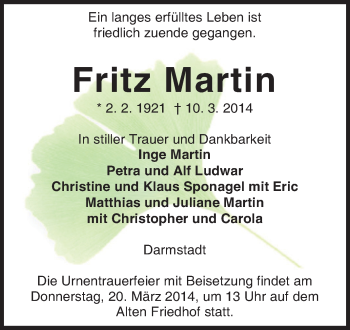Traueranzeige von Fritz Martin von Echo-Zeitungen (Gesamtausgabe)