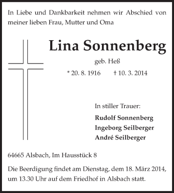 Traueranzeige von Lina Sonnenberg von Echo-Zeitungen (Gesamtausgabe)