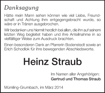 Traueranzeige von Heinz Straub von Odenwälder Echo