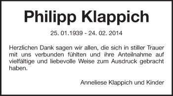 Traueranzeige von Philipp Klappich von Echo-Zeitungen (Gesamtausgabe)