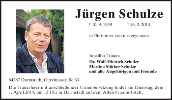 Traueranzeige von Jürgen Schulze von Echo-Zeitungen (Gesamtausgabe)
