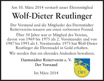 Traueranzeige von Wolf-Dieter Reutlinger von Echo-Zeitungen (Gesamtausgabe)
