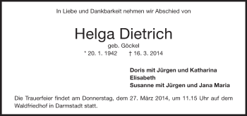 Traueranzeige von Helga Dietrich von Echo-Zeitungen (Gesamtausgabe)