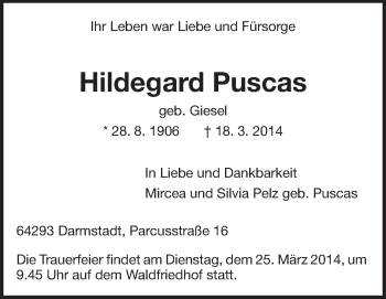 Traueranzeige von Hildegard Puscas von Echo-Zeitungen (Gesamtausgabe)