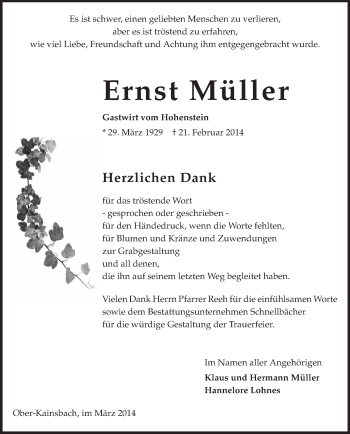 Traueranzeige von Ernst Müller von Echo-Zeitungen (Gesamtausgabe)